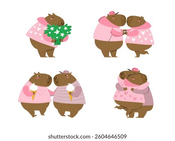 Set of funny and cute characters: capybaras in love in pink sweaters. Vector hand drawn characters.