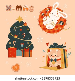  Set of сartoon funny cute characters in kawaii style. Christmas tree, piggy, gift, bunny. Handmade gingerbread lettering for Xmas. Vector illustration