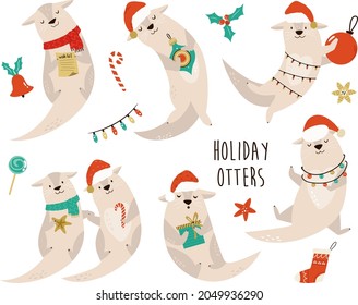 Set of funny and cute Christmas otters in winter clothing. Vector illustration of cheerful animals.