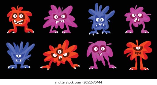 Set Of Funny, Cute And Clumsy Cartoon Monsters On A Black Background. Fluffy Little Monsters With Different Emotions. Halloween. Flat Vector Illustration.