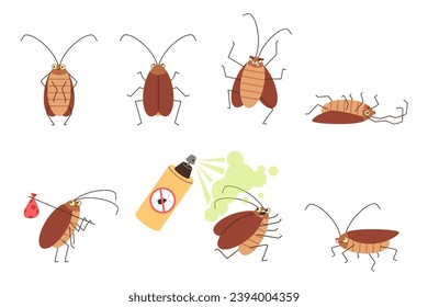 Set of funny and cute cockroach, cartoon flat vector illustration isolated on white background. Character design for insect extermination service. Bug running from spray.