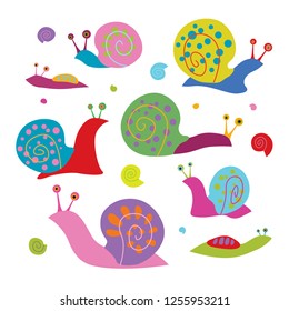 Set of funny cute colorful cartoon snails and slugs
