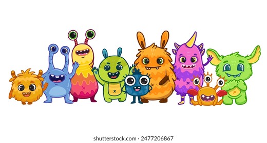 set of funny cute colourful monsters for halloween. Cartoon monster.  Space creature. Doodle. Character in flat style. Vector