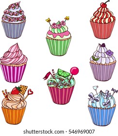 set of funny cute cupcakes on a white background
