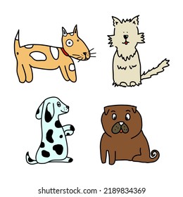 Set of funny cute dogs. Colored. Doodle cartoon style. Hand draw cute dogs in sketch style.