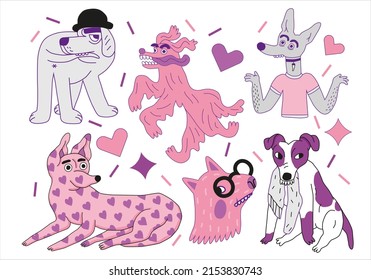 Set of funny cute dogs. Doodle cartoon stickers