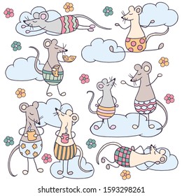Set of funny cute Doodle rats in shorts with clouds and flowers on a white background, for decoration of greeting cards, children's books and magazines, packaging, print on textiles