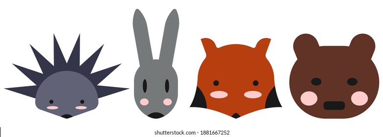 A set of funny cute faces of wild forest animals. Collection of children's retro and vintage illustrations. Icons, elements, clipart, objects for design. Hedgehog, hare, fox, bear. Print for clothes