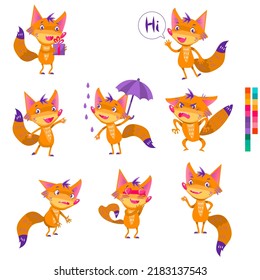 Set of funny cute foxes. Emotions. Character design, Can be used for branding,  emoji or stickers on social network. Isolated vector on white background. 