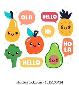 Set of funny cute fruits icons. Greetings in different languages. Vector hand drawn illustrations for greeting card, t shirt, print, stickers, posters design.