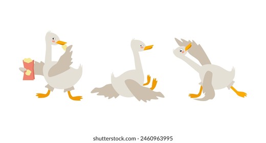 Set of funny cute goose character is engaged in eating chips, doing yoga and getting offended. Mood, activity. Vector cartoon illustration for stickers, packaging, books.