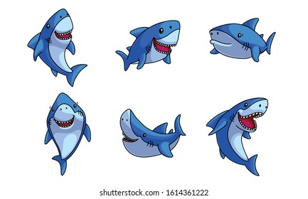 Set of funny cute happy blue sharks vector illustration