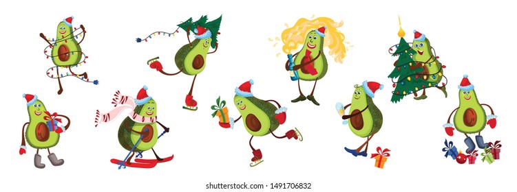 Set of funny cute happy smiling avocados in Santa Claus hats for different winter activities.
Concept: Tropical fruits celebrate New Year, Christmas.
Cartoon character kawaii vector illustration flat 