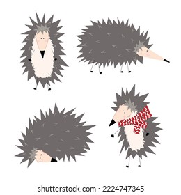 Set of funny cute hedgehogs in different poses with accessories. Stickers, clipart, characters
