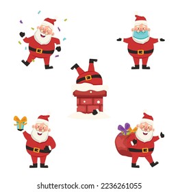 Set of funny and cute illustrations with Santa Claus: stuck in the chimney, dancing, holding a gift, carrying a large bag of gifts and wearing a medical mask indicates a social distance.