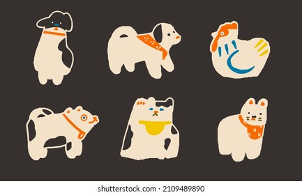 Set of funny cute japanese comic dogs, puppies, cats and roosters patches, pins and stickers. Hand drawn trendy Vector illustration. Cartoon style. 