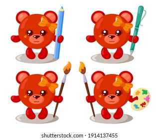 Set of funny cute kawaii bear with round body, pencil, pen, brush and palette in flat design with shadows. Isolated animal vector illustration	