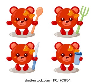 Set of funny cute kawaii bear with round body, spoon, fork, knife and cup in flat design with shadows. Isolated animal vector illustration with cutlery	