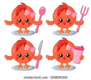 Set of funny cute kawaii chick with round body, spoon, fork, knife and cup in flat design with shadows. Isolated animal vector illustration with cutlery