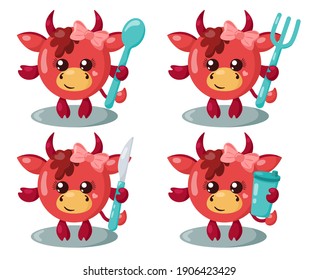 Set of funny cute kawaii cow with round body, spoon, fork, knife and cup in flat design with shadows. Isolated animal vector illustration with cutlery