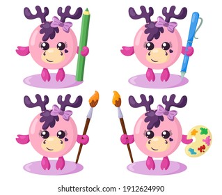 Set of funny cute kawaii moose or deer with round body, pencil, pen, brush and palette in flat design with shadows. Isolated animal vector illustration