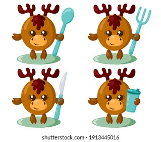 Lustige, süße Kawaii-Elche oder Hirsch mit rundem Körper, Löffel, Gabel, Messer und Tasse in flachem Design mit Schatten. Einzelne tierische Vektorgrafik mit Besteck	