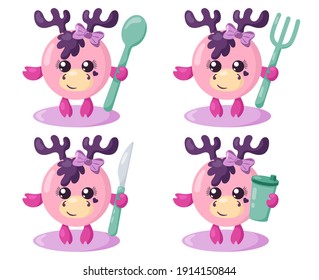 Set of funny cute kawaii moose or deer with round body, spoon, fork, knife and cup in flat design with shadows. Isolated animal vector illustration with cutlery