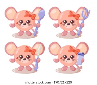 Set of funny cute kawaii mouse with round body, spoon, fork, knife and cup in flat design with shadows. Isolated animal vector illustration with cutlery