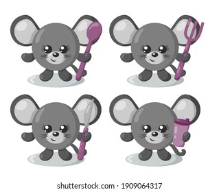 Set Of Funny Cute Kawaii Mouse With Round Body, Spoon, Fork, Knife And Cup In Flat Design With Shadows. Isolated Animal Vector Illustration With Cutlery	