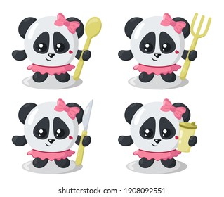 Set of funny cute kawaii panda with round body, spoon, fork, knife and cup in flat design with shadows. Isolated animal vector illustration with cutlery