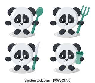 Set of funny cute kawaii panda with round body, spoon, fork, knife and cup in flat design with shadows. Isolated animal vector illustration with cutlery