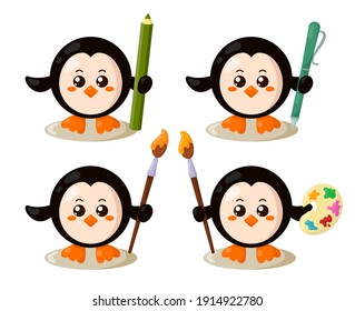 Set of funny cute kawaii penguin with round body, pencil, pen, brush and palette in flat design with shadows. Isolated animal vector illustration