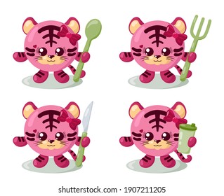 Set of funny cute kawaii tiger with round body, spoon, fork, knife and cup in flat design with shadows. Isolated animal vector illustration with cutlery