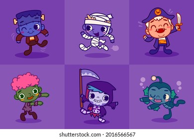 Set of funny and cute kids in Halloween mascot costume illustration. Children dancing in cute Halloween monster costume party.