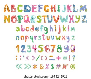 Set of funny and cute letters with emotions, numbers and punctuation marks. Alphabet with fairy tale characters.