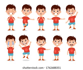 Set of funny and cute little boy with different emotions, isolated on white background