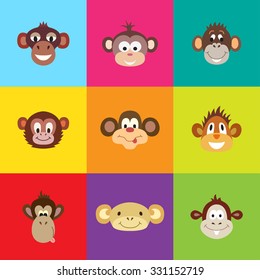 Set of funny cute monkey. Animal Portrait. Vector illustration