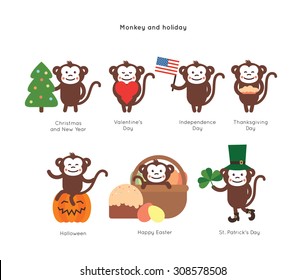 Set of funny cute monkey. Monkey and different holidays: Christmas, Valentine's Day, Independence Day, St. Patrick's Day, Easter, Halloween, Thanksgiving day