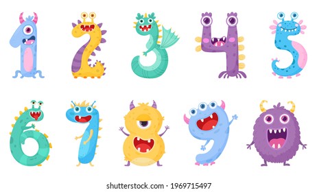 Set of funny cute monster numbers in cartoon style. Vector