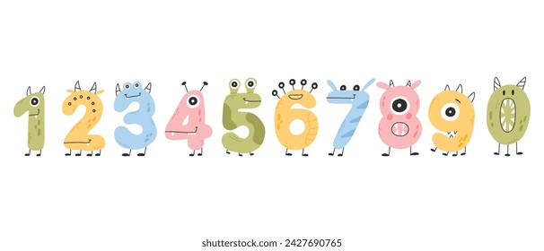 Set of funny cute monster numbers in cartoon style. Vector illustration. Drawing numbers monsters for birthday.