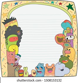 Set of funny cute monsters, aliens or fantasy animals  . Hand drawn line art cartoon ,Love Concept, sketch on note paper, vector illustration