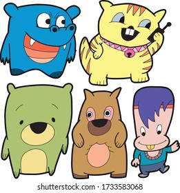 Set of funny cute monsters, aliens or fantasy animals for children coloring books . Hand drawn line art cartoon ,Love Concept, sketch on note paper, vector illustration