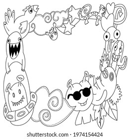 Set of funny cute monsters, aliens or fantasy animals and Your text here .for children coloring books and t-shirts. Hand drawn line art cartoon vector illustration