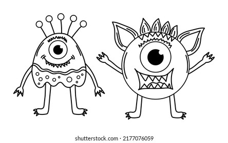Set of funny cute monsters, aliens or winged fantasy animals for children coloring books or fashion. Hand drawn line art cartoon vector illustration.