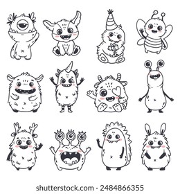 set of funny cute monsters for halloween. Cartoon monster. Space creature. Character in Doodle style. Vector illustration
