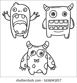 Set of funny cute monsters. Hand drawn line art cartoon vector illustration.