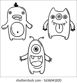 Set of funny cute monsters. Hand drawn line art cartoon vector illustration.