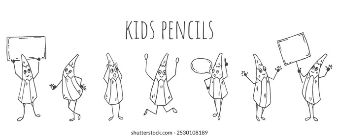 Set of Funny cute pencils something speak with speech bubbles and posters. Black and white pencils. Humanized characters. For design, school, kindergarten, educational materials.