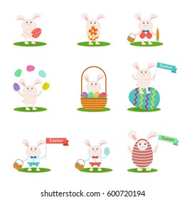 Set of funny cute pink rabbits with Easter basket, Easter egg for greeting cards. Flat vector cartoon illustration. Objects isolated on a white background.