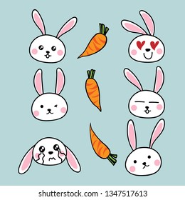 Set of funny cute rabbit cartoon with carrots. Vector hand drawn illustration. 